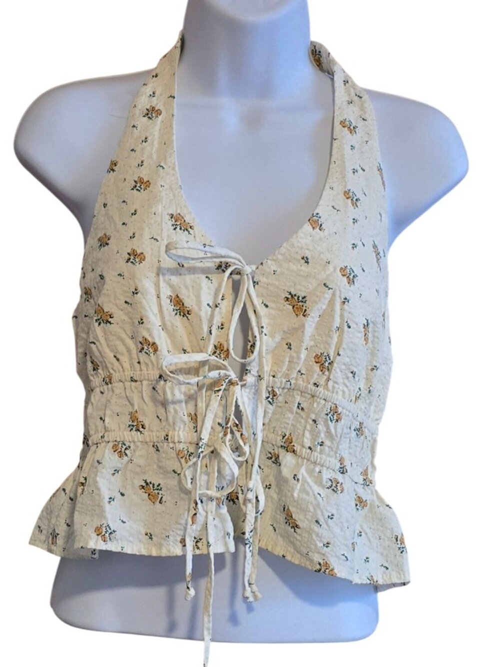 Floral Print Halter Top Cream Yellow Roses Lightweight boho hippie cottagecore